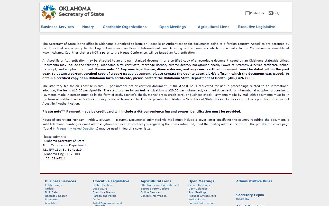 Oklahoma Secretary of State apostille authentication for birth records